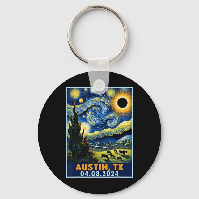 Solar Eclipse 2024 Austin Texas Van Gogh Starry Ni Key Ring (Front)