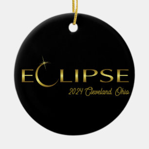 Solar Eclipse 2024 Black & Gold Commemorative Ceramic Tree Decoration