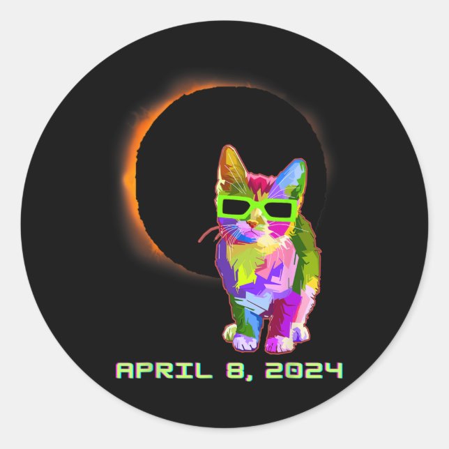 Solar Eclipse 2024 Cat Wearing Solar Eclipse Glass Classic Round Sticker (Front)