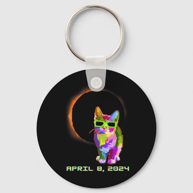 Solar Eclipse 2024 Cat Wearing Solar Eclipse Glass Key Ring (Front)