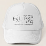 Solar Eclipse 2024 Custom Location Commemorative Trucker Hat<br><div class="desc">Capture the celestial magic of the 2024 total solar eclipse with this exclusive personalised trucker hat. Commemorating the awe-inspiring event on April 8, this hat becomes a timeless keepsake of cosmic wonder. Customise it with your chosen location, ensuring a unique memento of where you witnessed this extraordinary phenomenon. Featuring a...</div>
