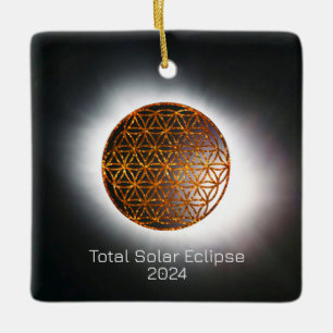 Solar Eclipse 2024 Gold Sparkling Flower of Life Ceramic Ornament