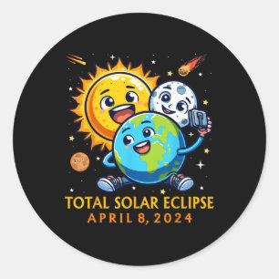 Solar Eclipse April 8 2024 Cute Earth Sun Moon Sel Classic Round Sticker