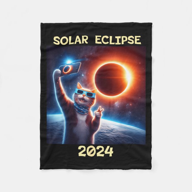 Solar Eclipse Cat Illustration Fleece Blanket (Front)