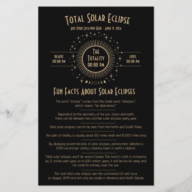 Solar Eclipse Celestial Stars Black Fun Fact Sheet (Front)