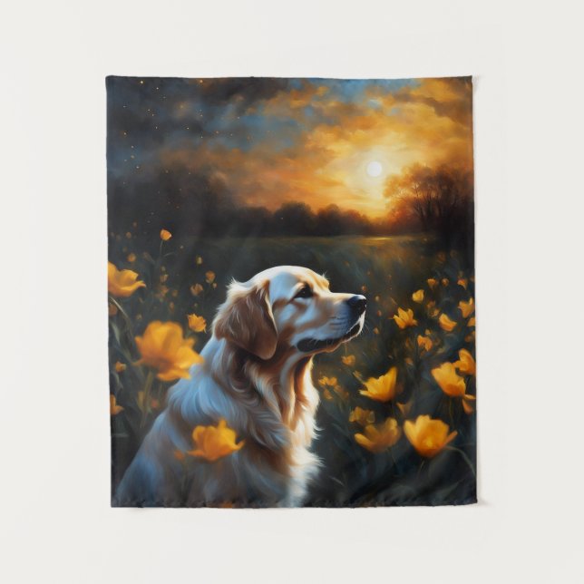 Solar Eclipse Golden Retriever Lake Flowers Tapestry (Front)