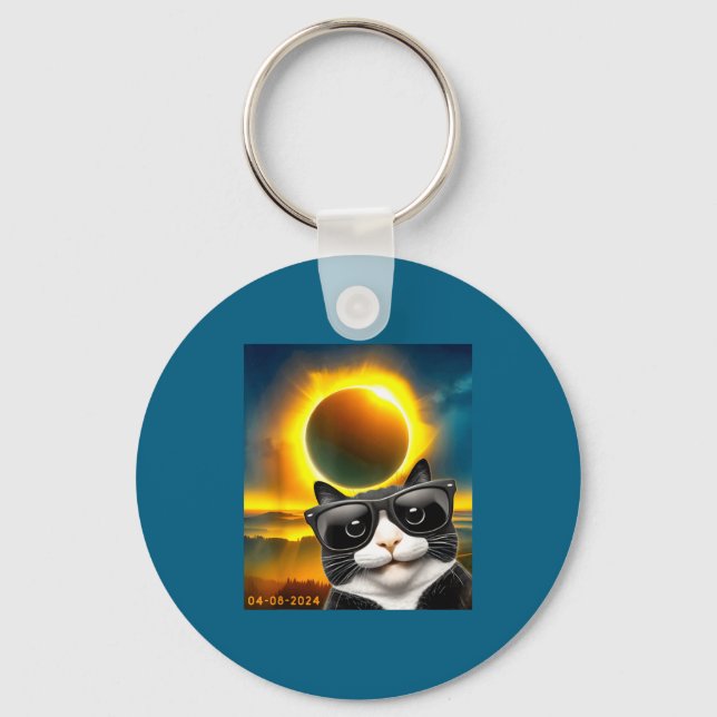Solar Eclipse Totality Tuxedo Cat Key Ring (Front)