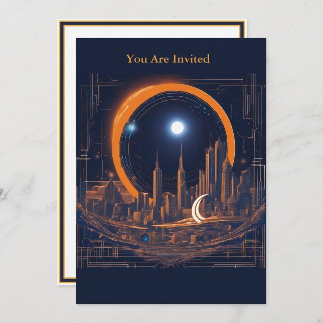 Solar Eclipse Viewing Party Fully Custom Cityscape Invitation (Front/Back)