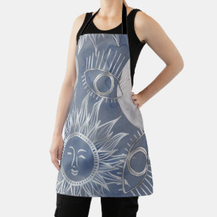 Solar Mystique Dusty Blue Silver Moon Stars Sun Apron