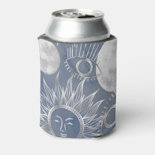 Solar Mystique   Dusty Blue Silver Moon Stars Sun Can Cooler