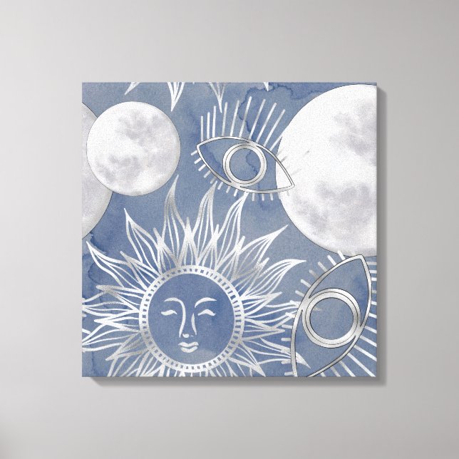 Solar Mystique | Dusty Blue Silver Moon Stars Sun Canvas Print (Front)