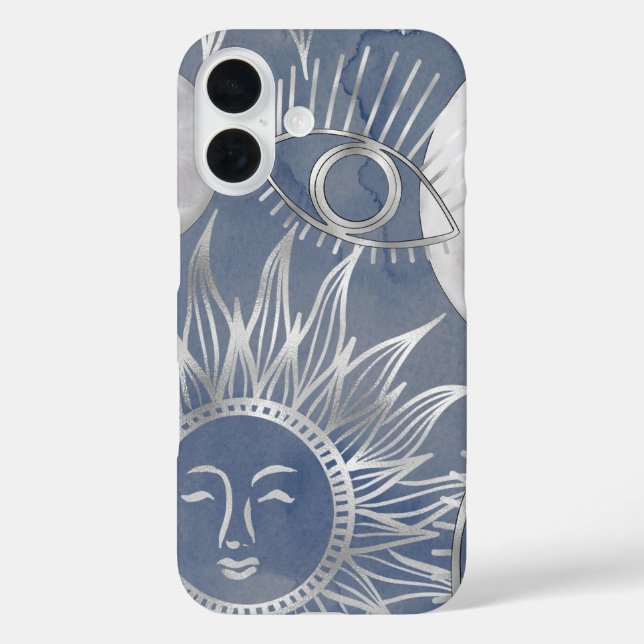 Solar Mystique | Dusty Blue Silver Moon Stars Sun Case-Mate iPhone Case (Back)