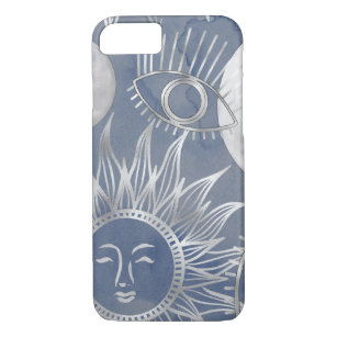 Solar Mystique   Dusty Blue Silver Moon Stars Sun Case-Mate iPhone Case