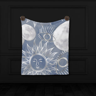 Solar Mystique   Dusty Blue Silver Moon Stars Sun Fleece Blanket