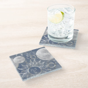 Solar Mystique   Dusty Blue Silver Moon Stars Sun Glass Coaster