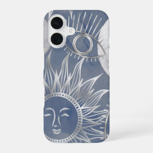 Solar Mystique Dusty Blue Silver Moon Stars Sun iPhone 16 Case