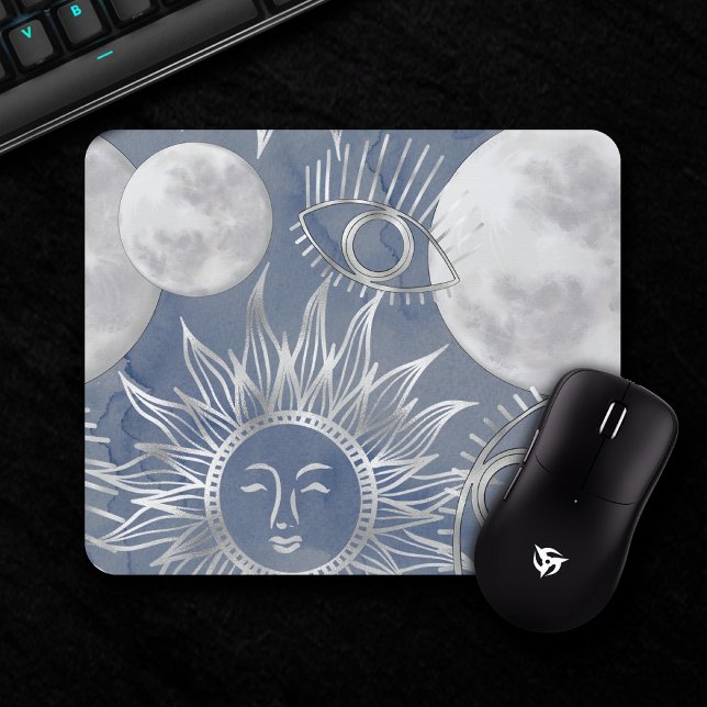 Solar Mystique | Dusty Blue Silver Moon Stars Sun Mouse Mat (Creator Uploaded)