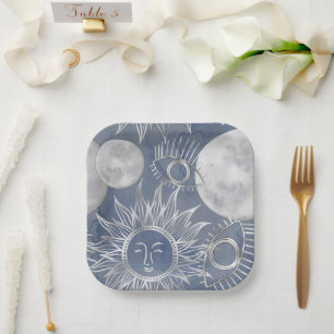 Solar Mystique   Dusty Blue Silver Moon Stars Sun Paper Plate