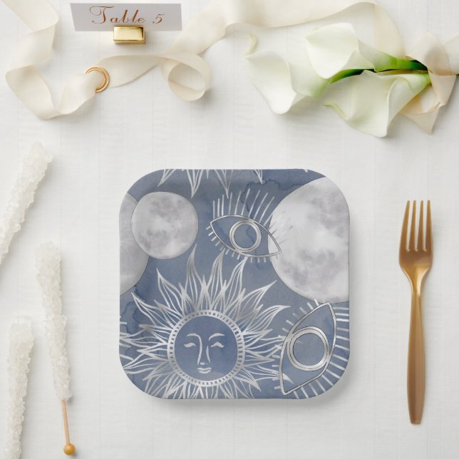 Solar Mystique | Dusty Blue Silver Moon Stars Sun Paper Plate (Wedding)