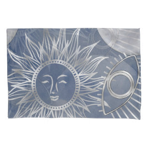 Solar Mystique Dusty Blue Silver Moon Stars Sun Pillowcase
