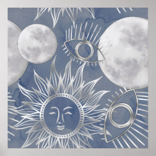 Solar Mystique   Dusty Blue Silver Moon Stars Sun Poster