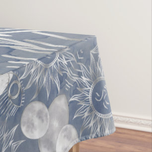 Solar Mystique   Dusty Blue Silver Moon Stars Sun Tablecloth