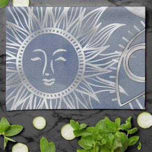 Solar Mystique   Dusty Blue Silver Moon Stars Sun Tea Towel