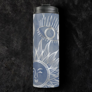 Solar Mystique   Dusty Blue Silver Moon Stars Sun Thermal Tumbler