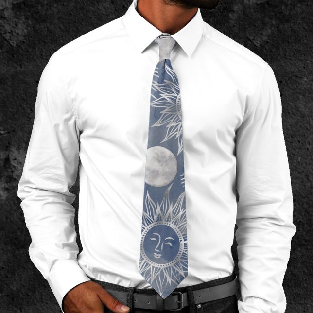 Solar Mystique | Dusty Blue Silver Moon Stars Sun Tie (Creator Uploaded)