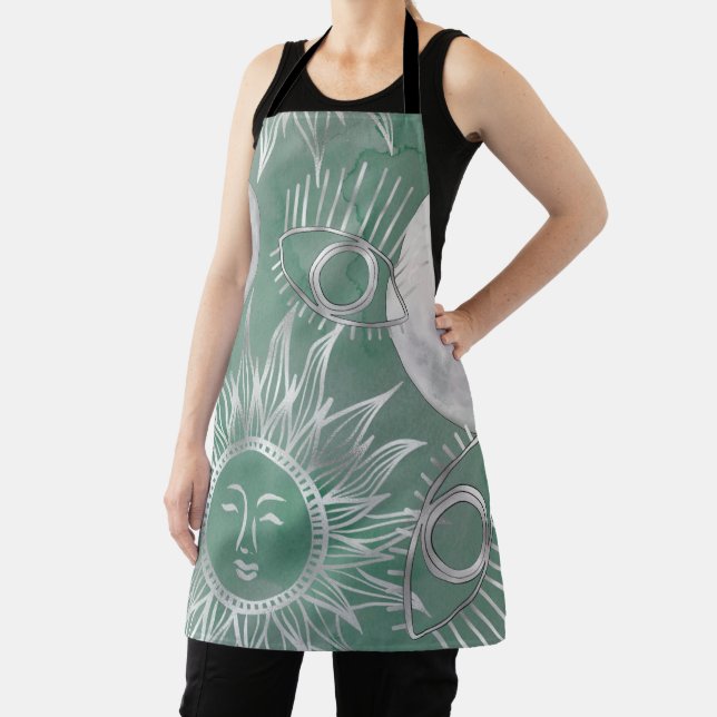 Solar Mystique | Dusty Green Silver Moon Stars Sun Apron (Insitu)