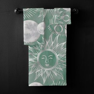 Solar Mystique   Dusty Green Silver Moon Stars Sun Bath Towel Set