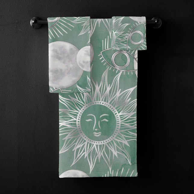 Solar Mystique | Dusty Green Silver Moon Stars Sun Bath Towel Set (Creator Uploaded)