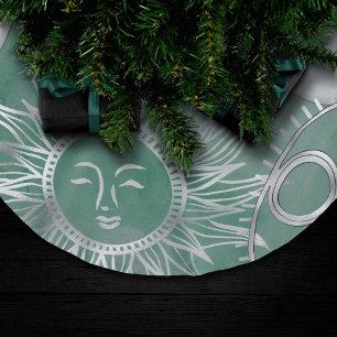 Solar Mystique   Dusty Green Silver Moon Stars Sun Brushed Polyester Tree Skirt
