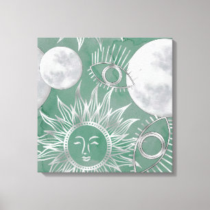 Solar Mystique   Dusty Green Silver Moon Stars Sun Canvas Print