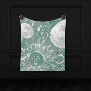 Solar Mystique Dusty Green Silver Moon Stars Sun Fleece Blanket