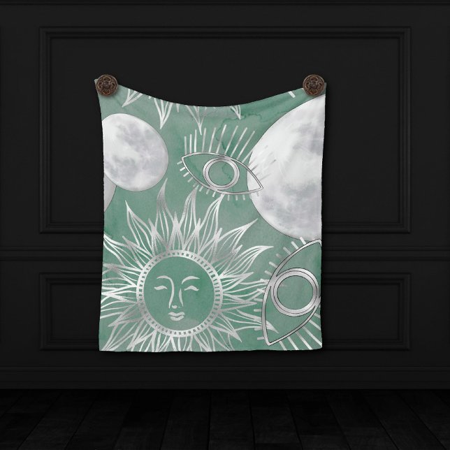 Solar Mystique | Dusty Green Silver Moon Stars Sun Fleece Blanket (Creator Uploaded)