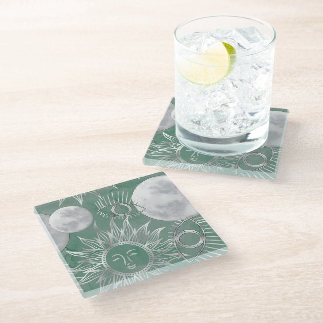 Solar Mystique | Dusty Green Silver Moon Stars Sun Glass Coaster (Angled)