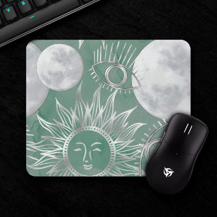 Solar Mystique   Dusty Green Silver Moon Stars Sun Mouse Mat