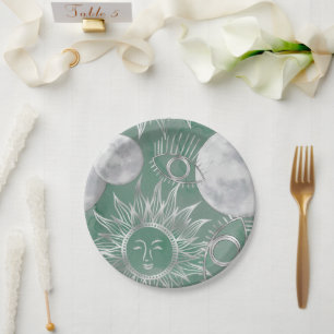 Solar Mystique   Dusty Green Silver Moon Stars Sun Paper Plate