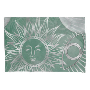 Solar Mystique Dusty Green Silver Moon Stars Sun Pillowcase