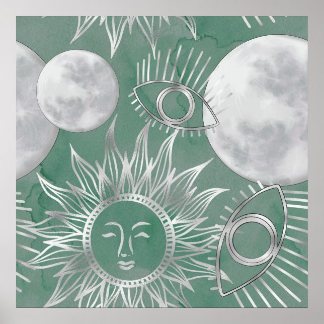 Solar Mystique | Dusty Green Silver Moon Stars Sun Poster (Front)