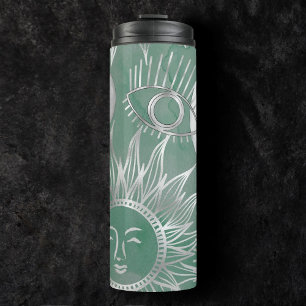 Solar Mystique   Dusty Green Silver Moon Stars Sun Thermal Tumbler