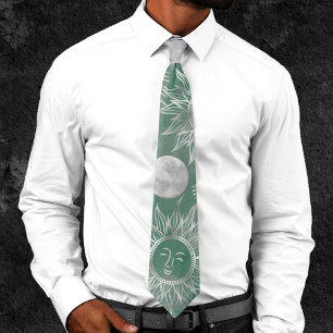 Solar Mystique   Dusty Green Silver Moon Stars Sun Tie