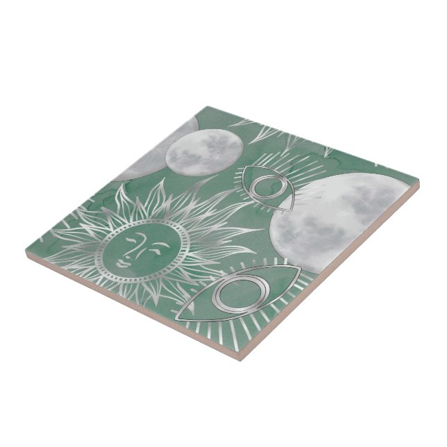 Solar Mystique | Dusty Green Silver Moon Stars Sun Tile (Side)