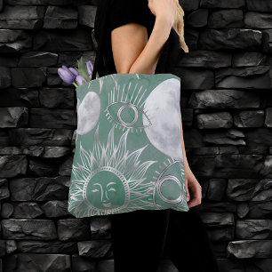 Solar Mystique   Dusty Green Silver Moon Stars Sun Tote Bag