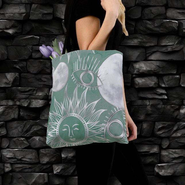 Solar Mystique | Dusty Green Silver Moon Stars Sun Tote Bag (Creator Uploaded)