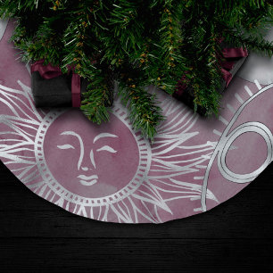 Solar Mystique   Pink Silver Moon Stars Sun Eyes Brushed Polyester Tree Skirt