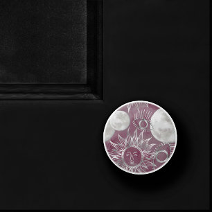 Solar Mystique Pink Silver Moon Stars Sun Eyes Ceramic Knob