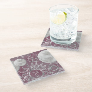 Solar Mystique   Pink Silver Moon Stars Sun Eyes Glass Coaster