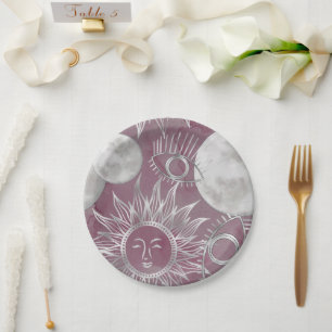 Solar Mystique   Pink Silver Moon Stars Sun Eyes Paper Plate